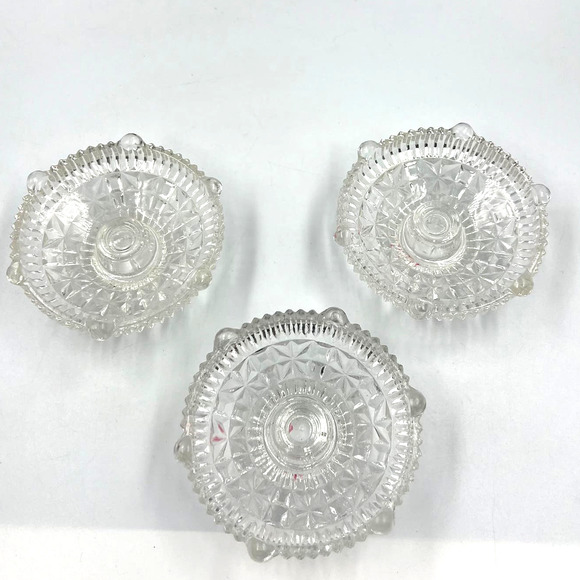 Vintage Pressed Clear Glass Round Footed Candlestick Taper Candle Holder 3 Piece - Picture 6 of 7